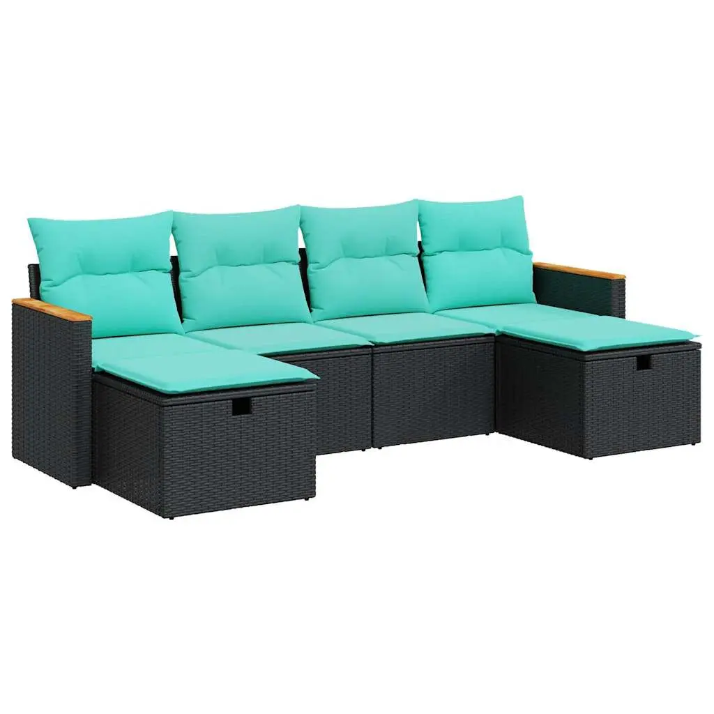 6-Piece Black Poly Rattan Patio Sofa Set Cushions Outdoor Furniture