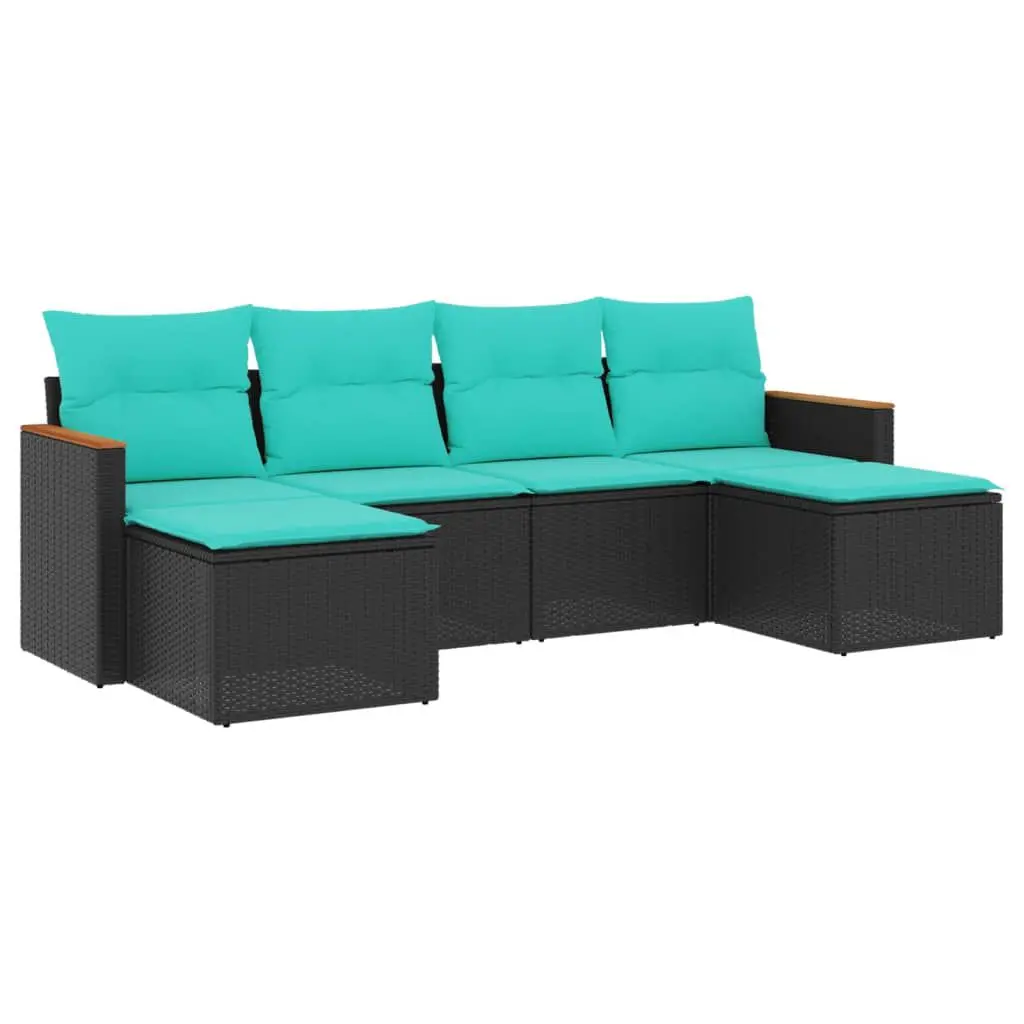 6-Piece Black Poly Rattan Patio Sofa Set Cushions Outdoor Furniture
