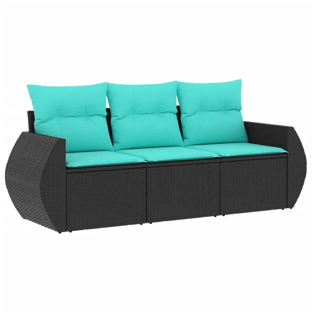 3 Piece Patio Sofa Set Black Cushions Poly Rattan Outdoor Furniture