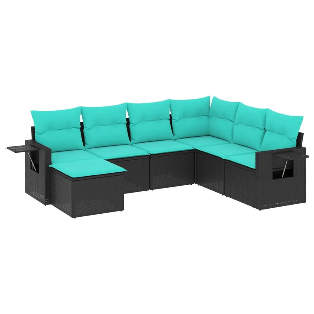 7 Piece Patio Sofa Set Cushions Black Poly Rattan Outdoor Lounge