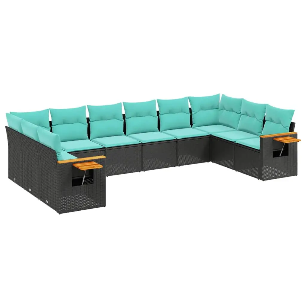 10 Piece Patio Sofa Set Cushions Black Poly Rattan Outdoor Furniture