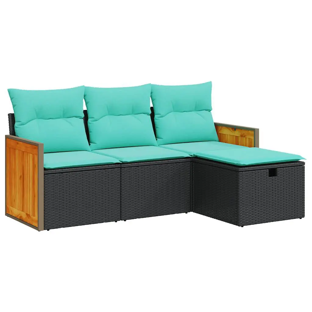 4 Piece Patio Sofa Set Cushions Black Poly Rattan Outdoor Conversation Set
