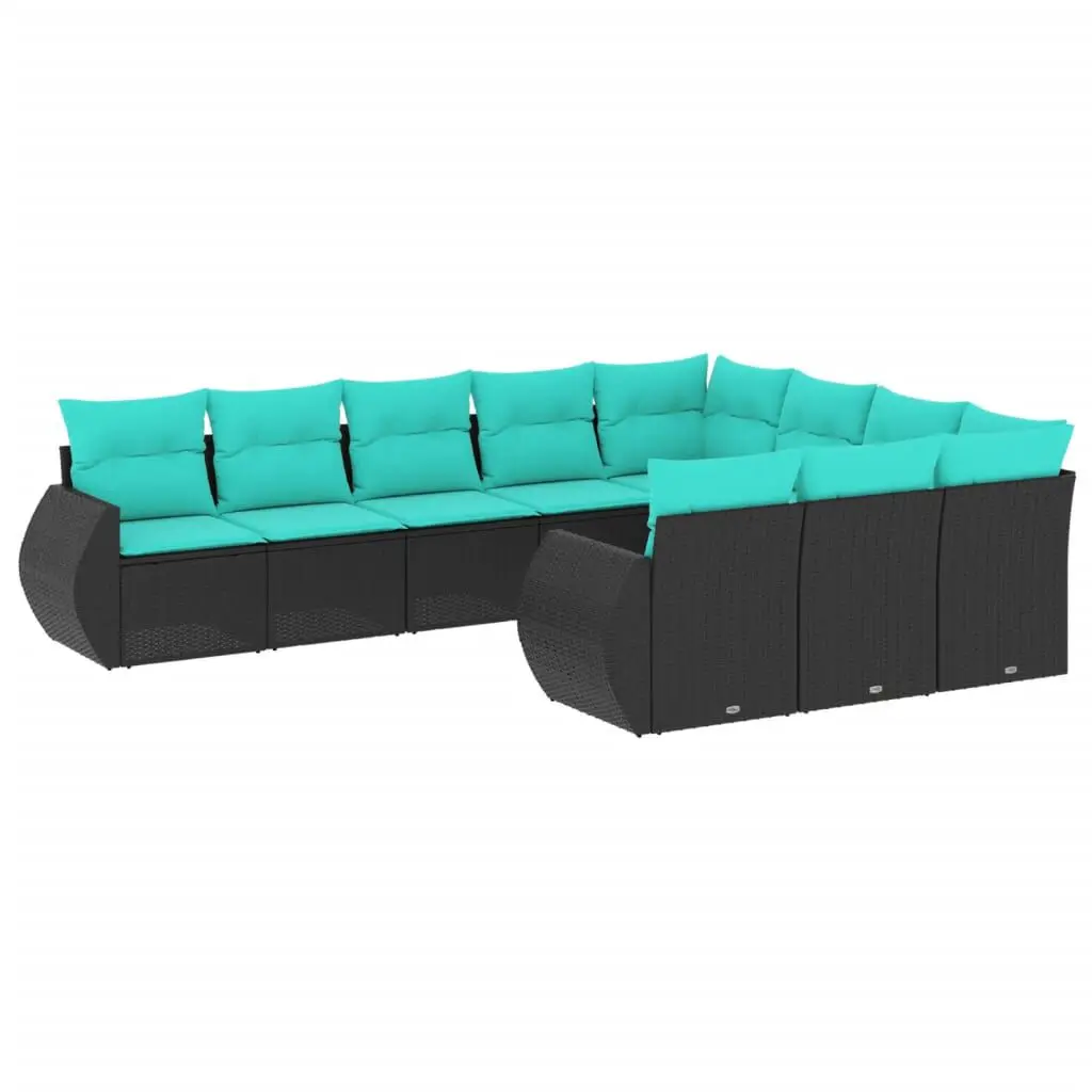 10 Piece Patio Sofa Set Cushions Black Poly Rattan Outdoor Furniture