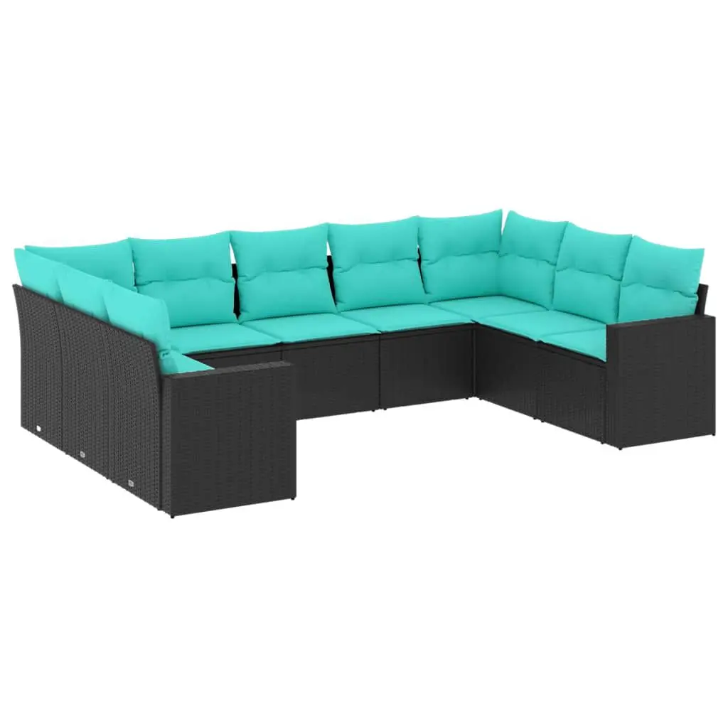 9 Piece Patio Sofa Set Cushions Black Poly Rattan Outdoor Lounge