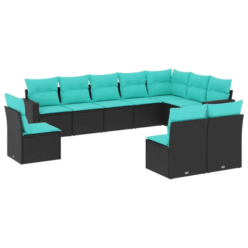 10 Piece Patio Sofa Set Cushions Black Poly Rattan Outdoor Furniture