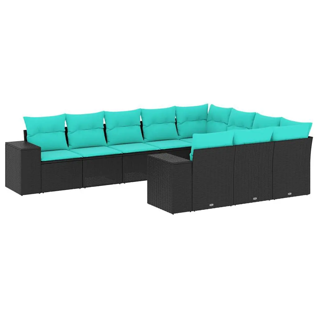 10 Piece Patio Sofa Set Cushions Black Poly Rattan Outdoor Furniture