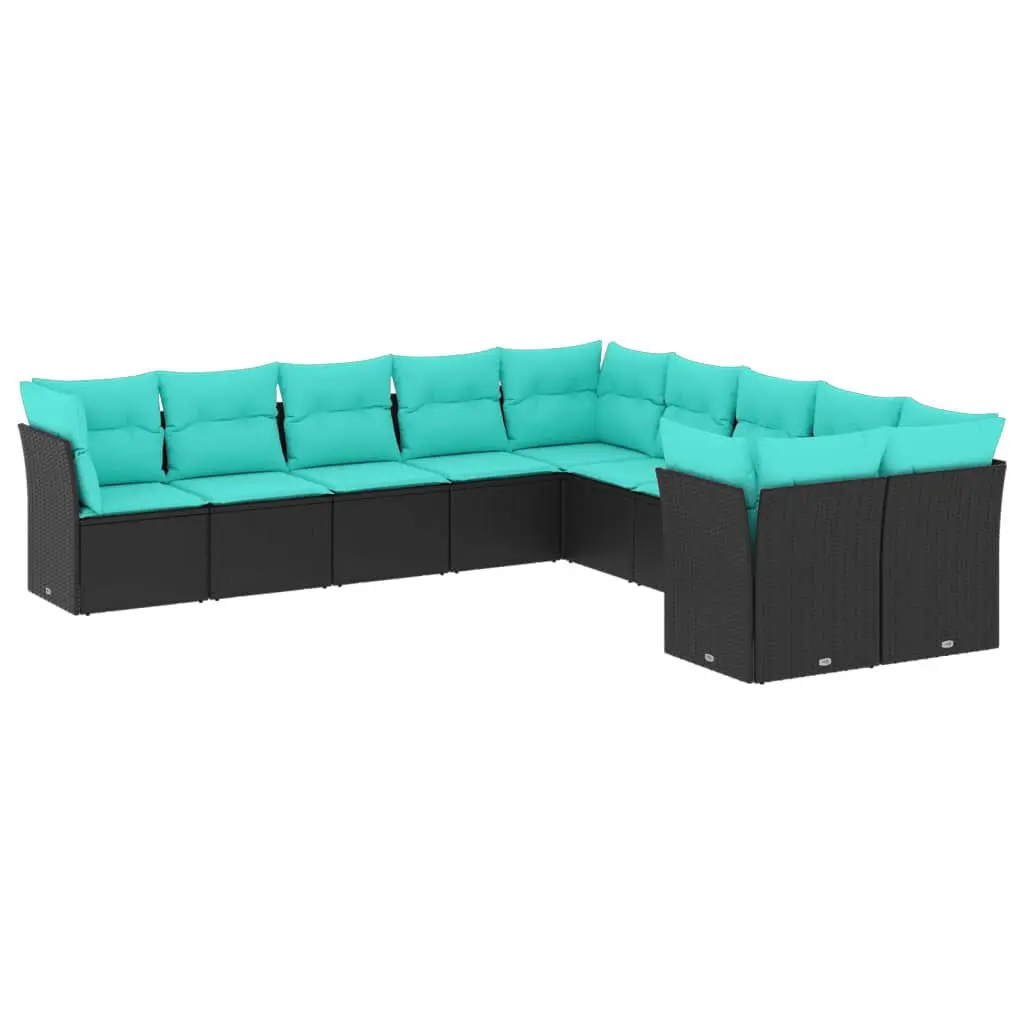 10 Piece Patio Sofa Set Cushions Black Poly Rattan Modern Outdoor Furniture