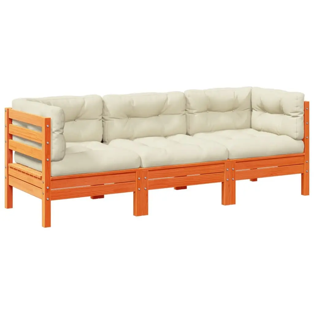 3 Piece Patio Sofa Set Cushions Wax Brown Solid Wood Pine