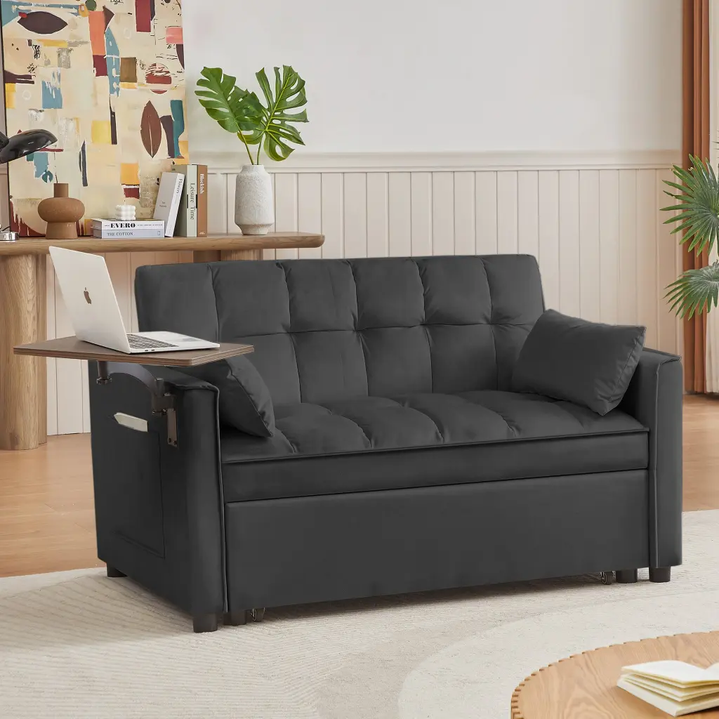 Black Velvet Loveseat Sofa Bed Tufted Back and Square Arms Small Spaces cy furniture