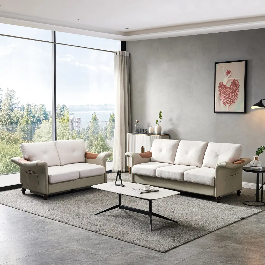 Living Room Linen Faux Leather Sofa Wood Leg 2-3 Sectional hdf store