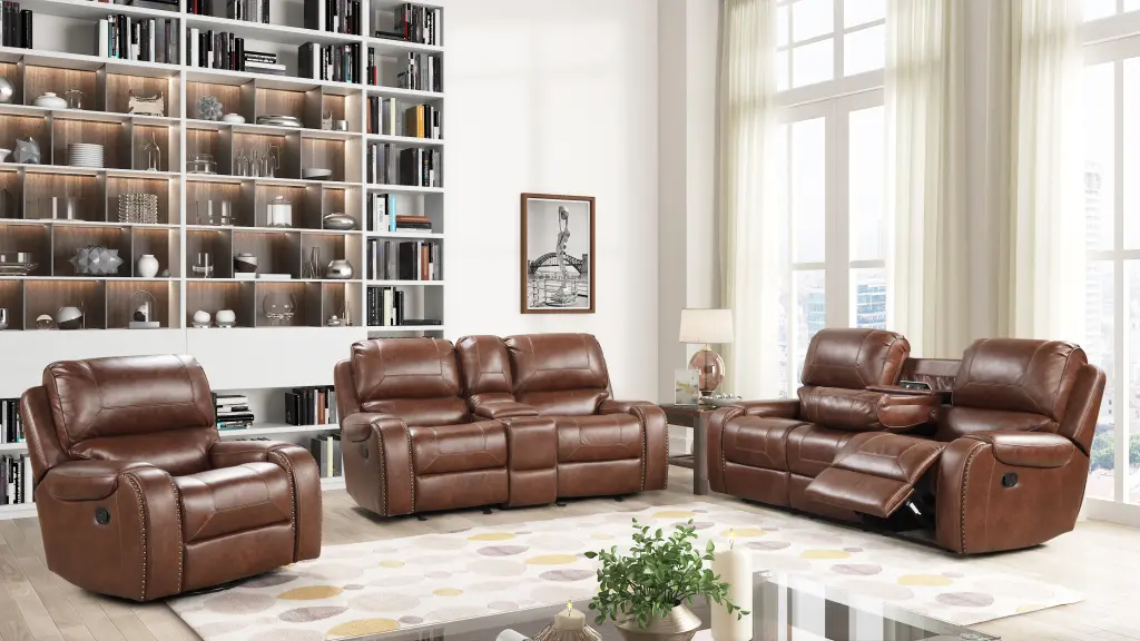 Achern Brown Hide Air Manual Reclining 3 Piece Sofa Set Brown Espresso hz
