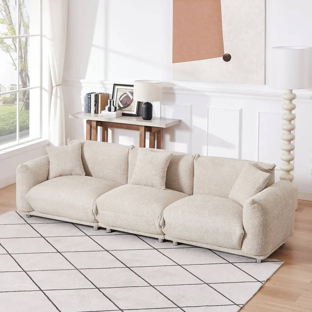 Originality Shapes Camel Lambswool Sherpa 4 Seater Sofa Metallic Legs jsc furniture