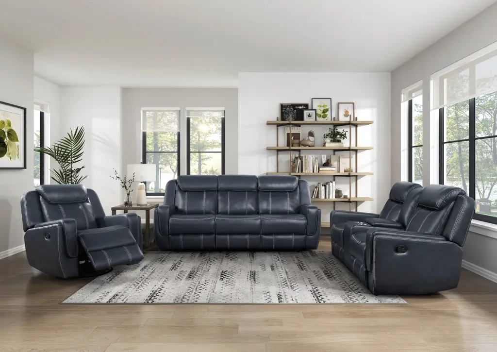 Modern Living Room Home Decor 3Pc Reclining Sofa Set Blue Faux Hide kanepe