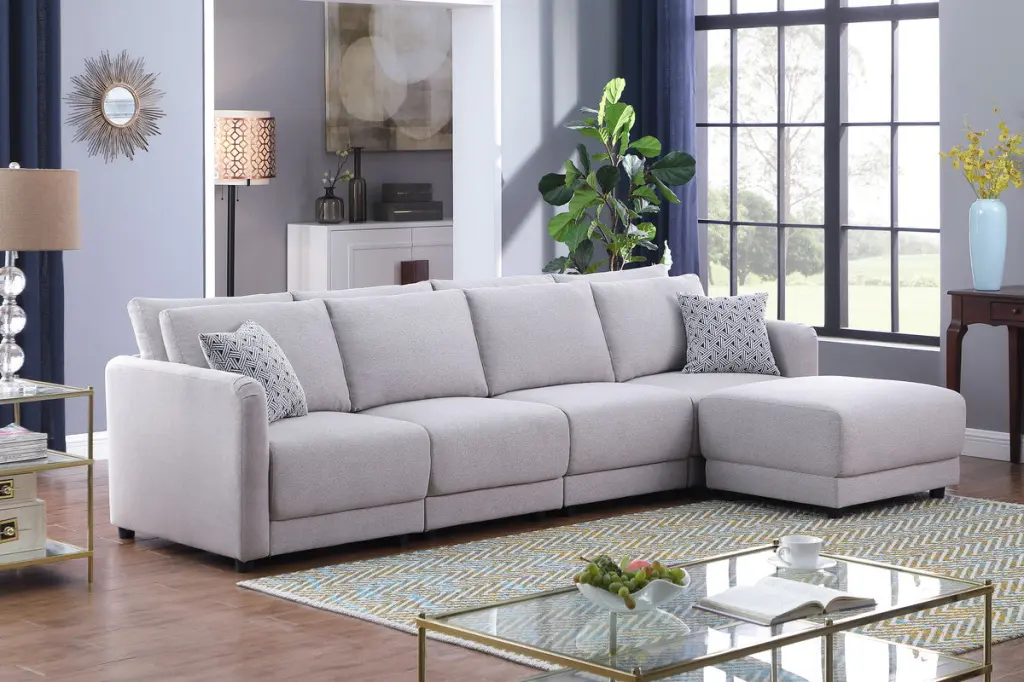 Penelope 111 Inch Light Gray Linen 4 Seater Sofa Ottoman and Pillows lilola home