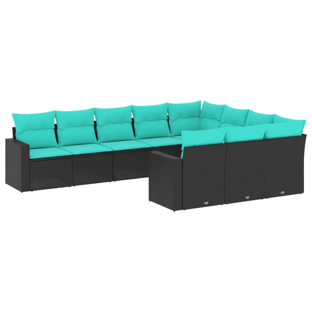 10 Piece Patio Sofa Set Cushions Black Poly Rattan Outdoor Sectional