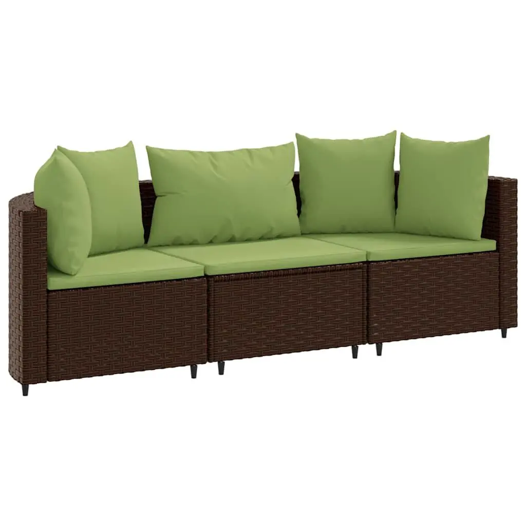 3 Piece Patio Sofa Set Cushions Brown Poly Rattan Outdoor Furniture