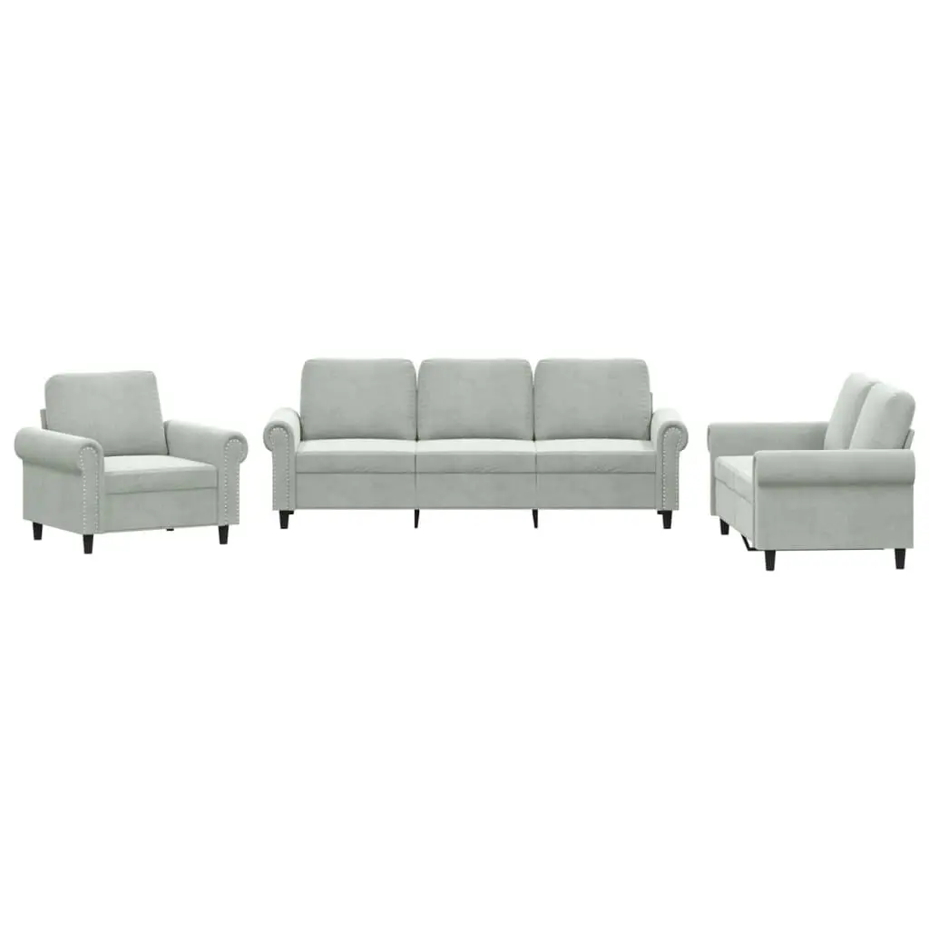 3 Piece Sofa Set Cushions Light Gray Velvet Modern Living Room Furniture