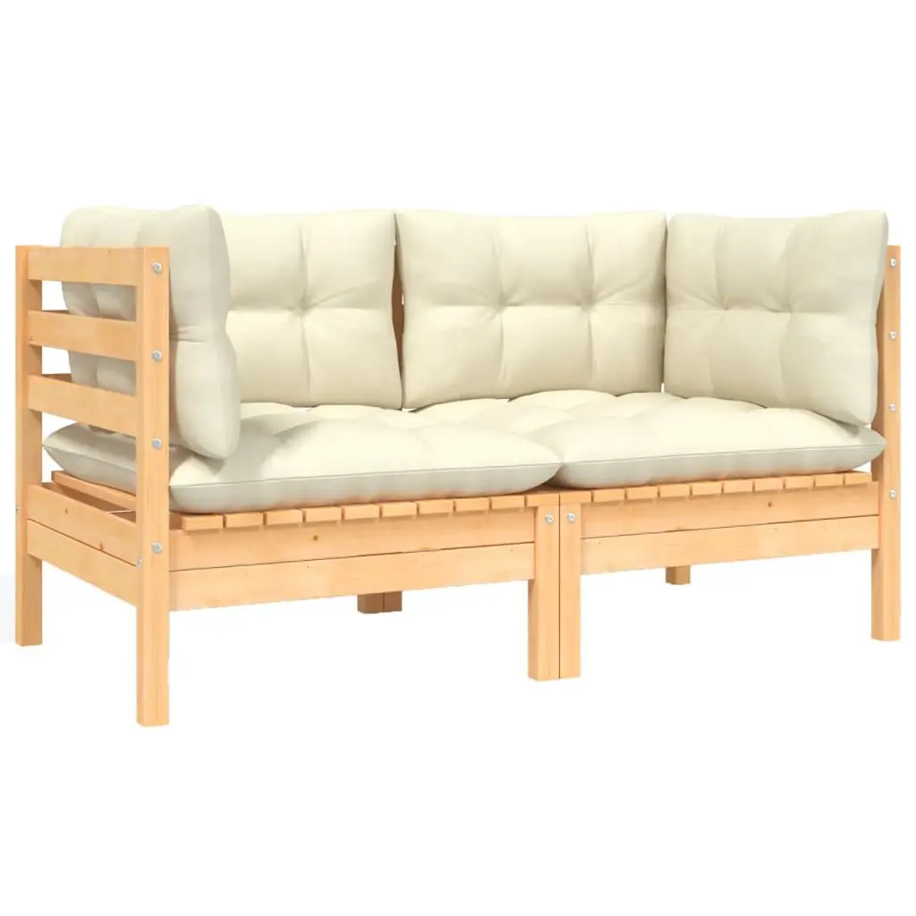 2-Seater Patio Sofa Cream Cushions Solid Pinewood Outdoor Furniture