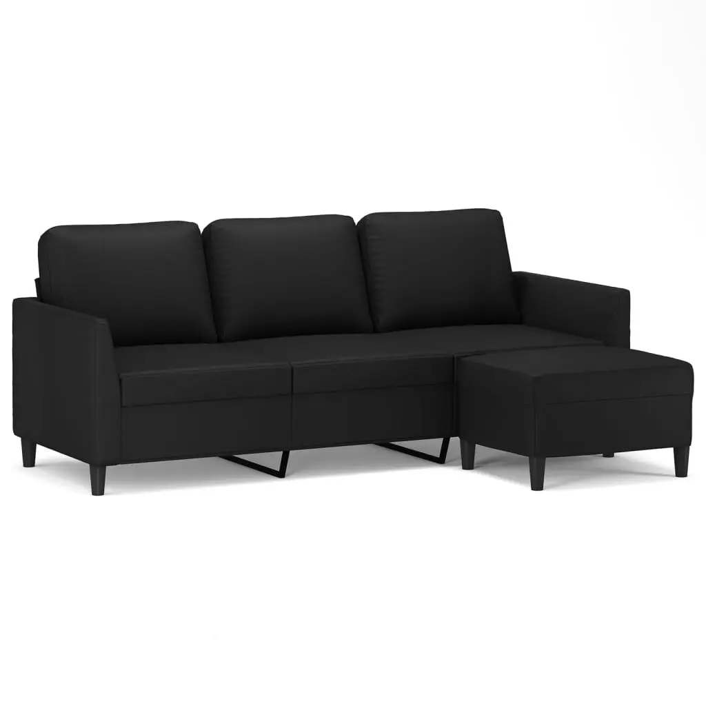 70.9 Inch Black Faux Leather 3 Seater Sofa Footstool Modern Living Room Furniture