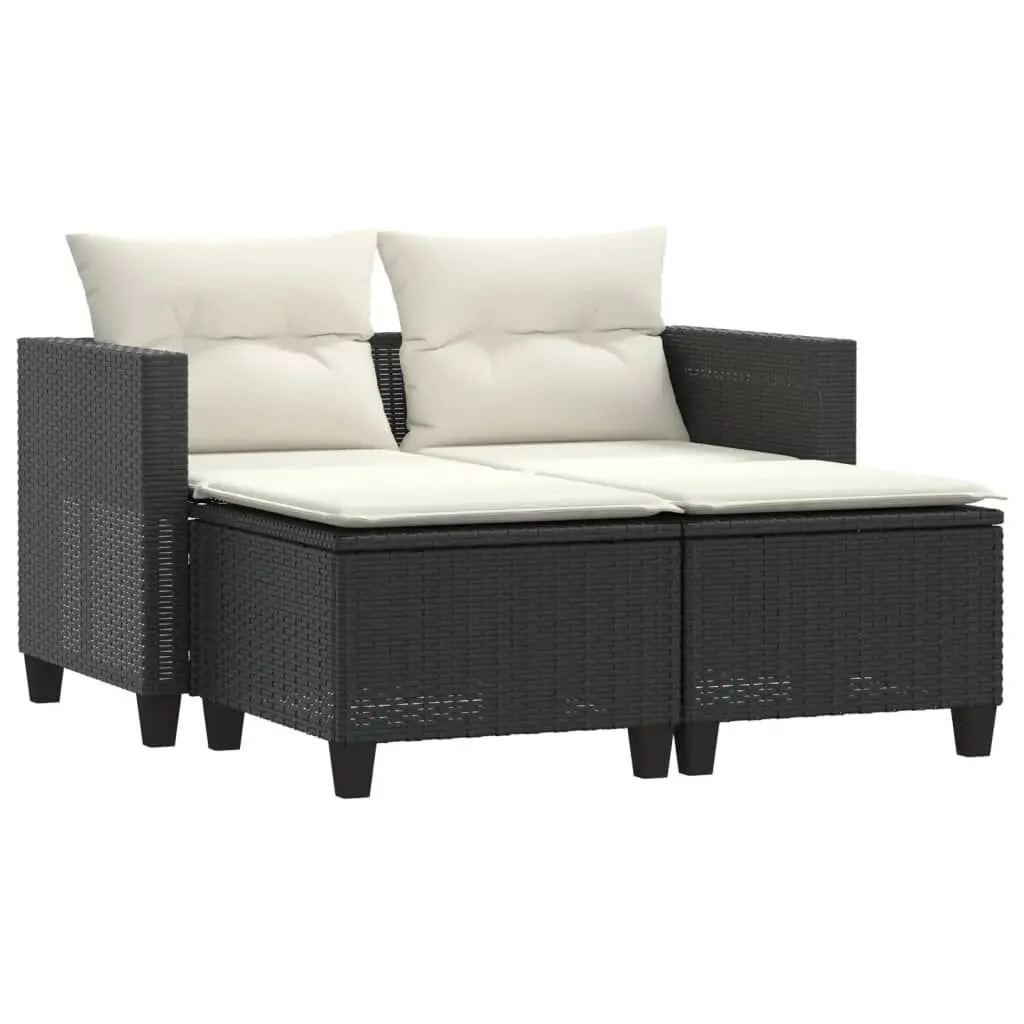 Black Poly Rattan Patio Sofa 2-Seater Stools Outdoor Furniture