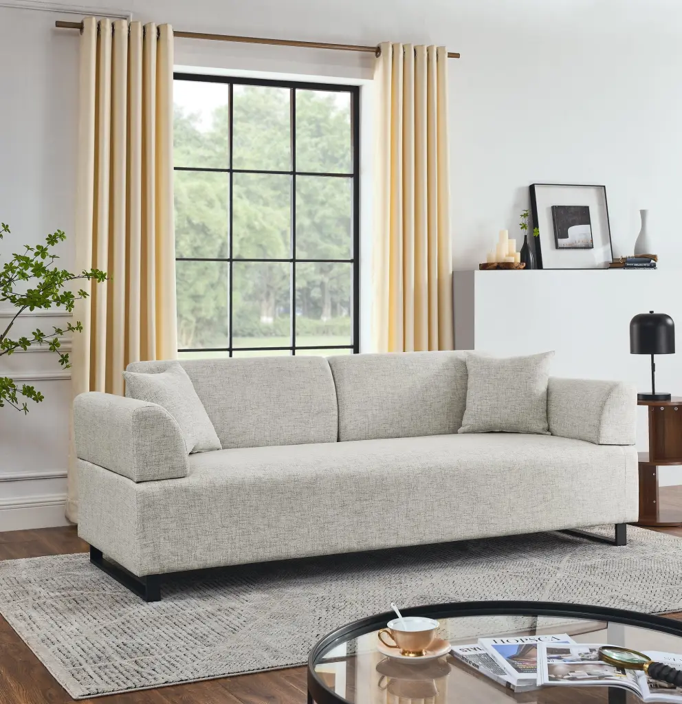 Linen Material 3 Seat Sofa Two End Tables And Two Pillows Removable Covers chuangyuan smart home