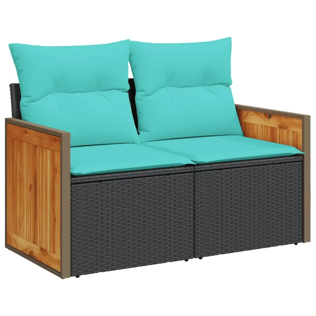 Patio Sofa Cushions 2-Seater Black Poly Rattan Outdoor Furniture