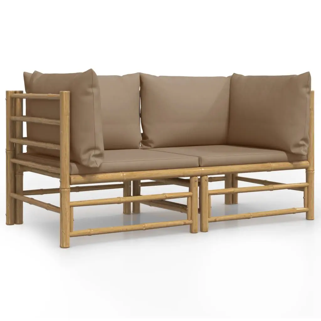 2 Piece Patio Corner Sofas Taupe Cushions Bamboo Outdoor Furniture