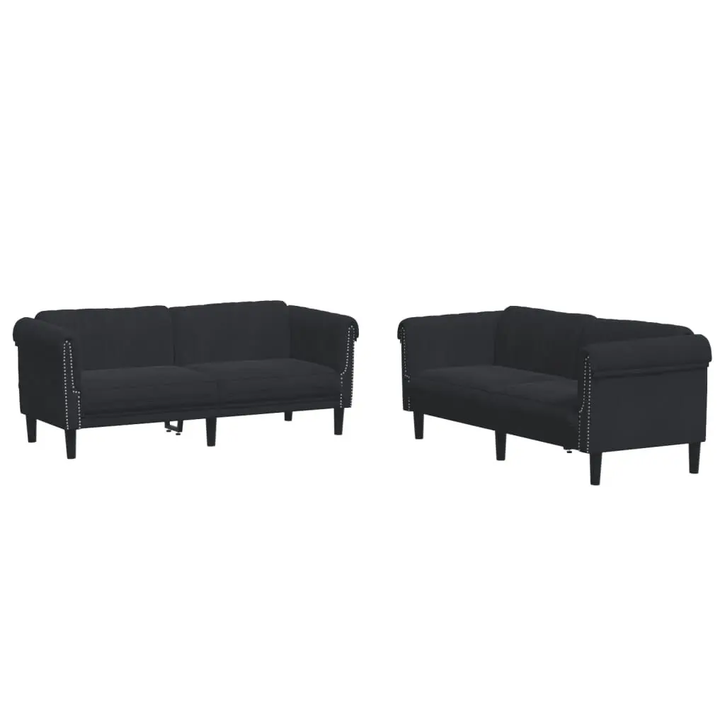 2 Piece Sofa Set Black Velvet Upholstered Modern Living Room Furniture