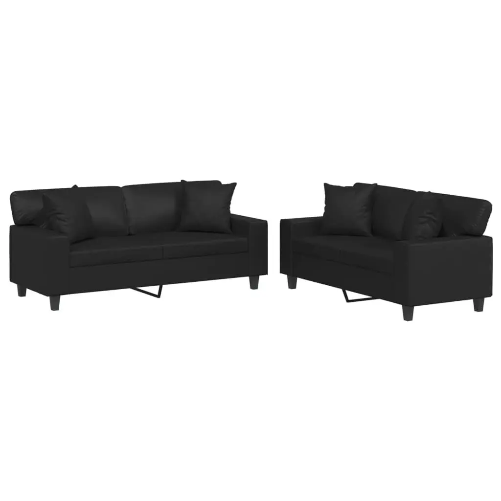 2 Piece Sofa Set Pillows Black Faux Leather Living Room Furniture