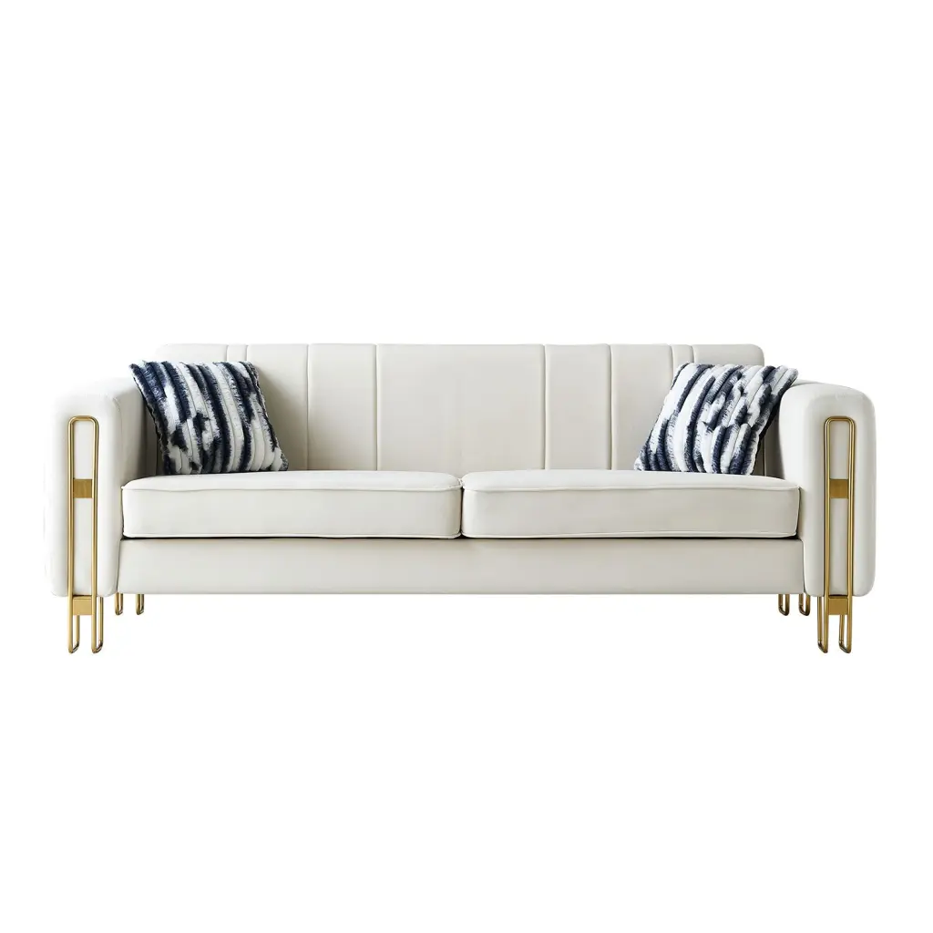 Modern Velvet Sofa 85.04 Inch Beige Living Room Couch Foam Cushions wq furniture