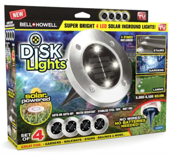 Bell-Howell 1998 Solar Powered LED Outdoor Disk Lights 4 Pack As Seen On TV