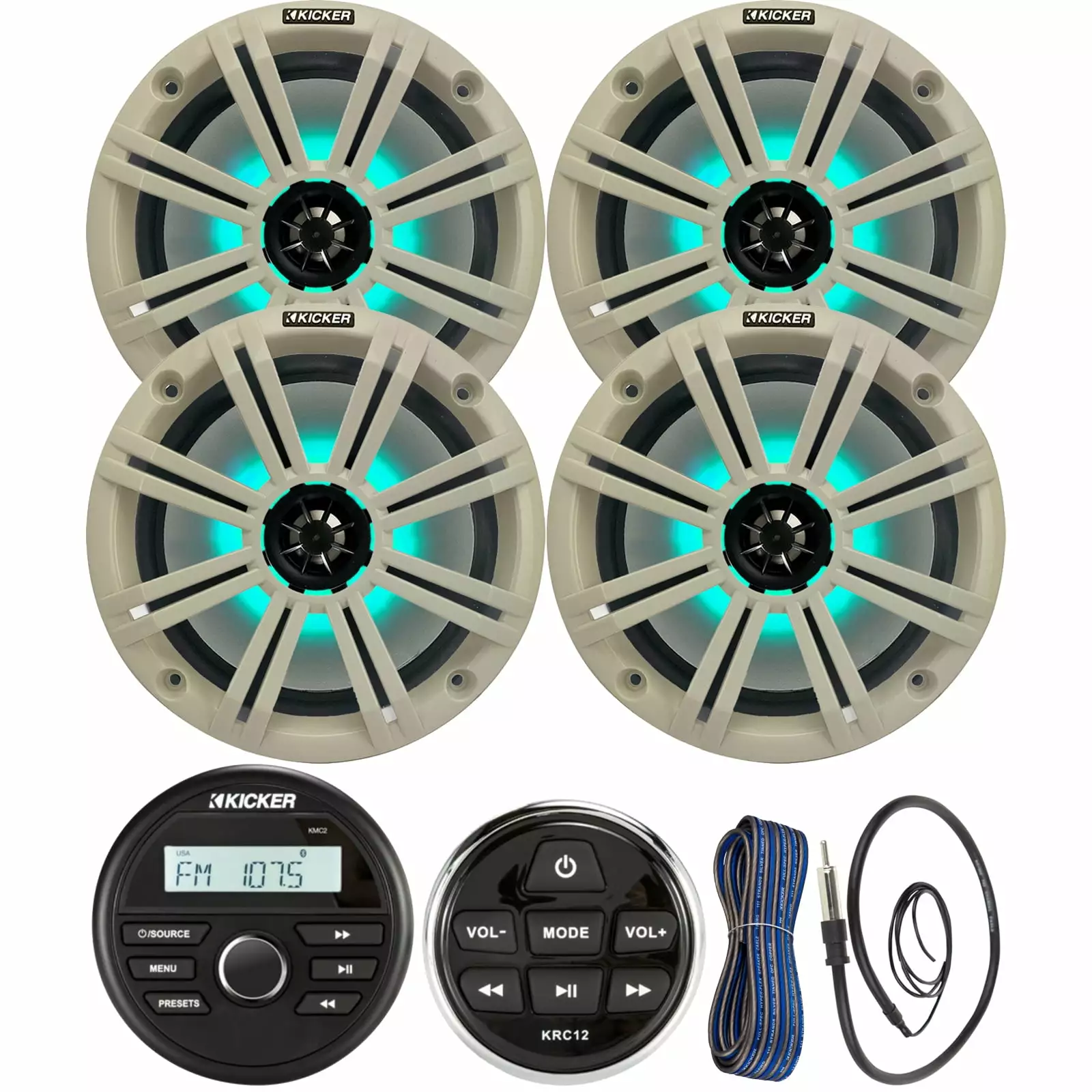Kicker All-Weather Marine Bluetooth Stereo Receiver Bundle LED Speakers