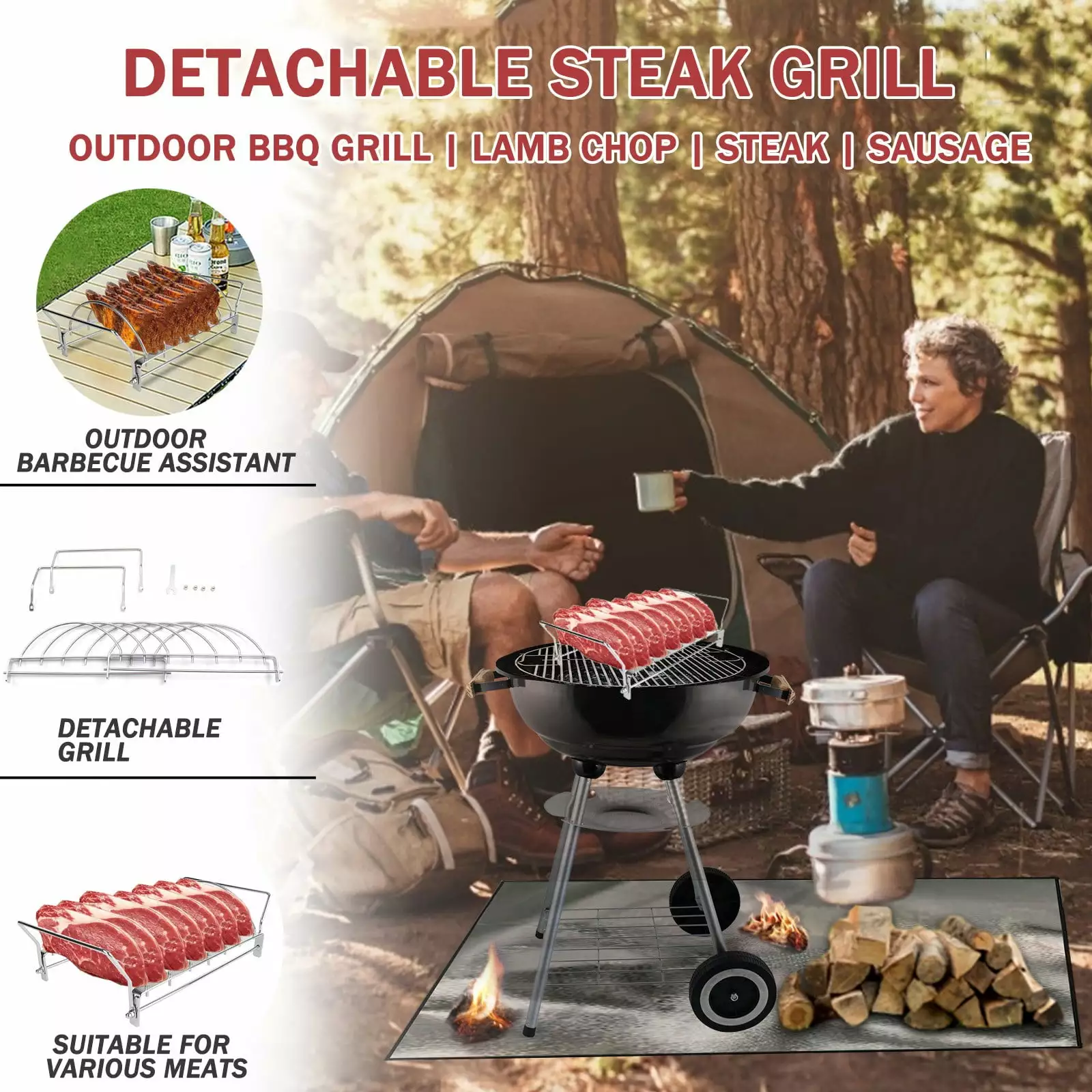 Ckraxd Stainless Steel Travel-friendly Outdoor Barbecue Grill Detachable Design Steak and Lamb Rack 20