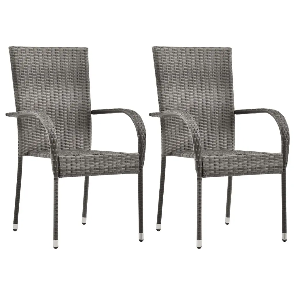 2 Piece Gray Stackable Patio Chairs Poly Rattan Outdoor Seating