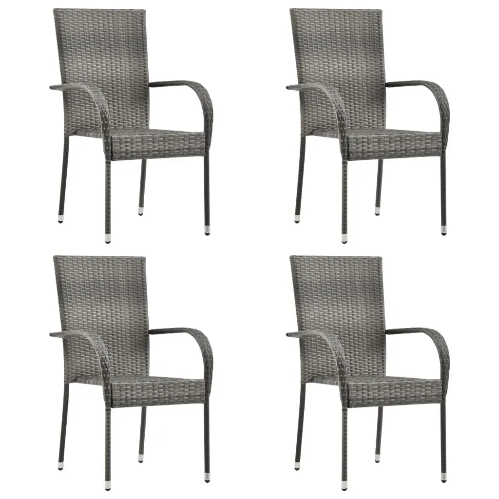 4 Piece Gray Stackable Patio Chairs Poly Rattan Outdoor Furniture Set