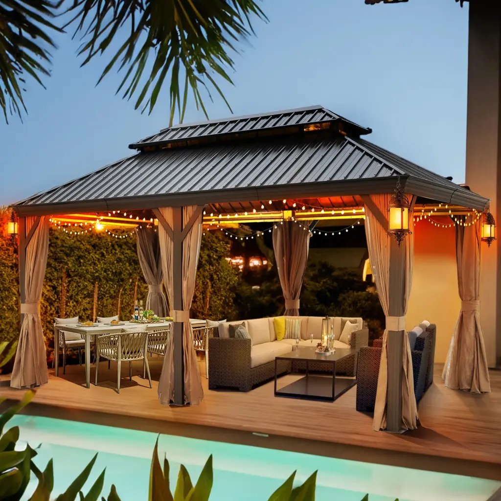 12X20Ft Galvanized Steel Gazebo Netting and Drape Brown Rectangular Outdoor Shelter t2586