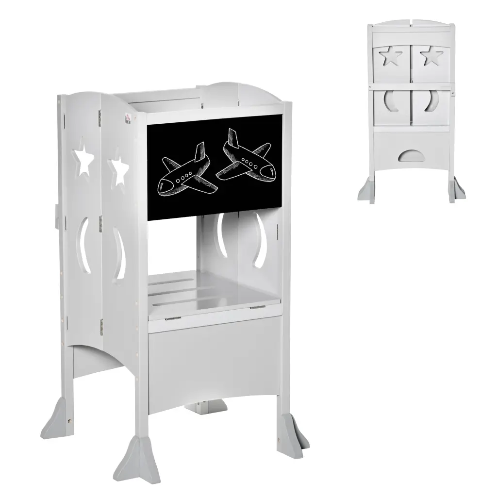 Kids Kitchen Step Stool Collapsible Standing Tower Chalkboard Toddlers aosom business