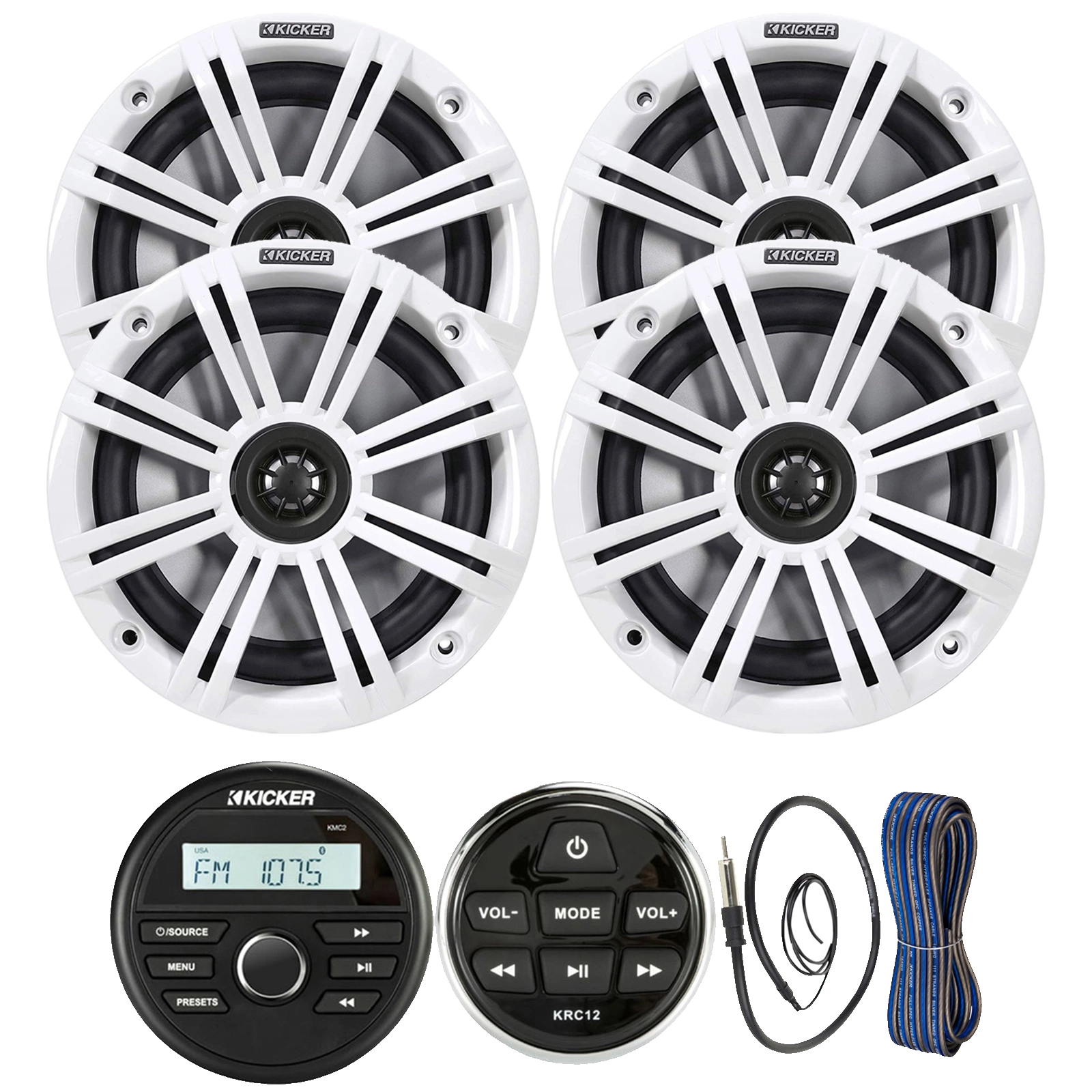 Kicker Bluetooth Marine Digital Media Receiver Bundle 4x 6.5 195W Coaxial Marine Speakers