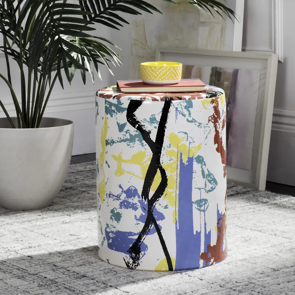 Safavieh Kes Abstract Indoor Outdoor Garden Patio Stool Multi Color Durable Weather Resistant