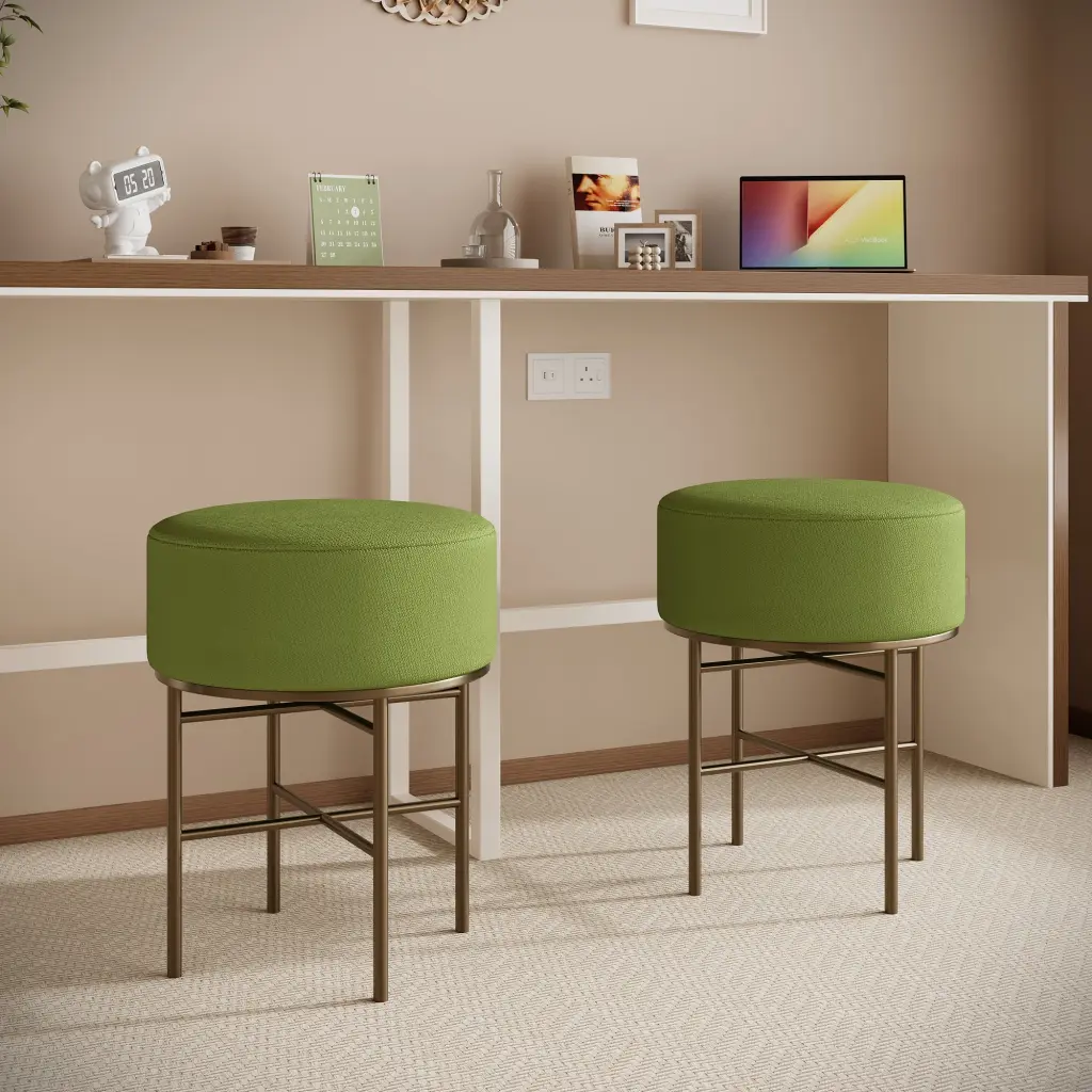 2 Pcs Round Cushioned Vanity Stool Linen Upholstered Stool Dressing Table wonderland