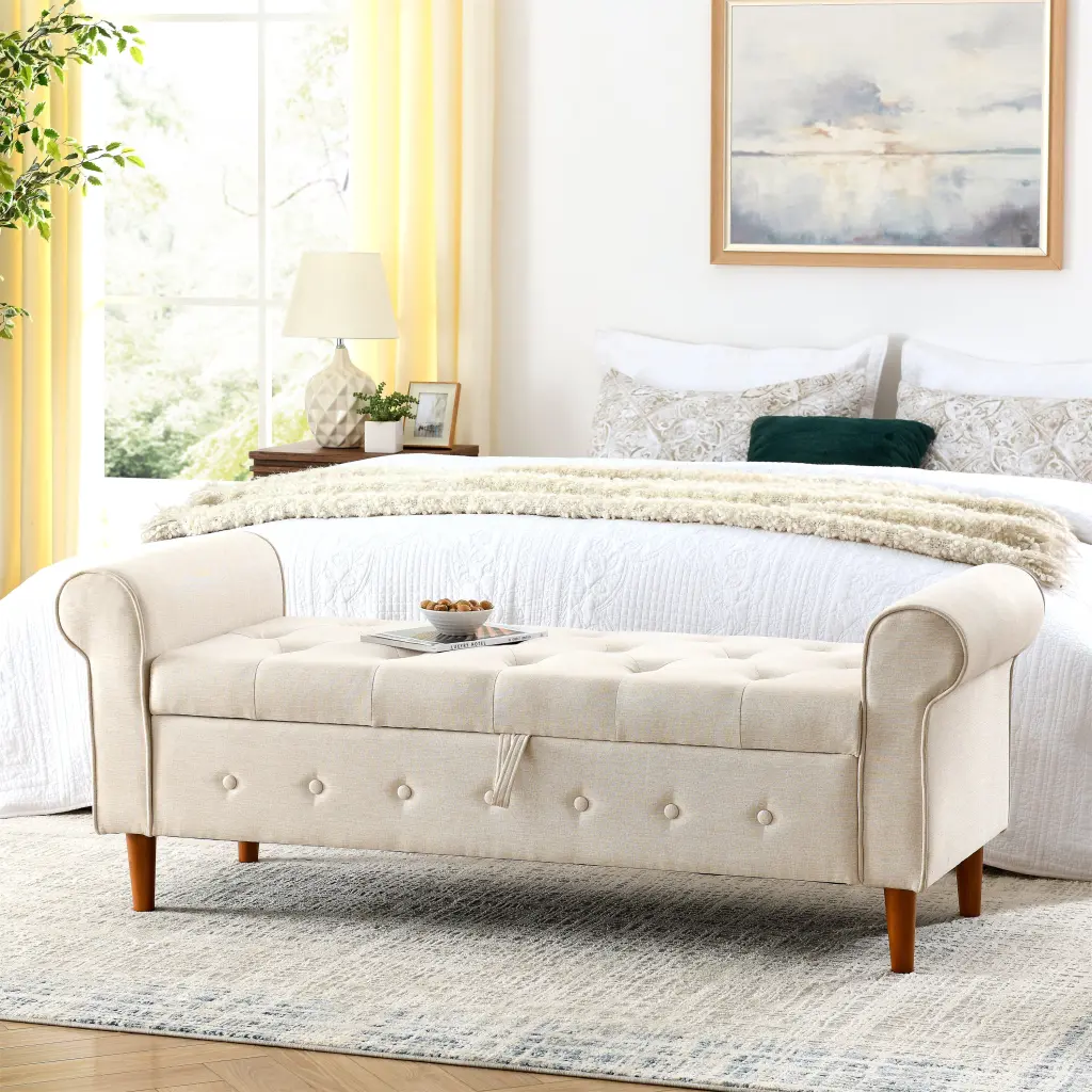 62 Inch Bedroom Tufted Button Storage Bench Modern Material Upholstered Ottoman lucky fortune