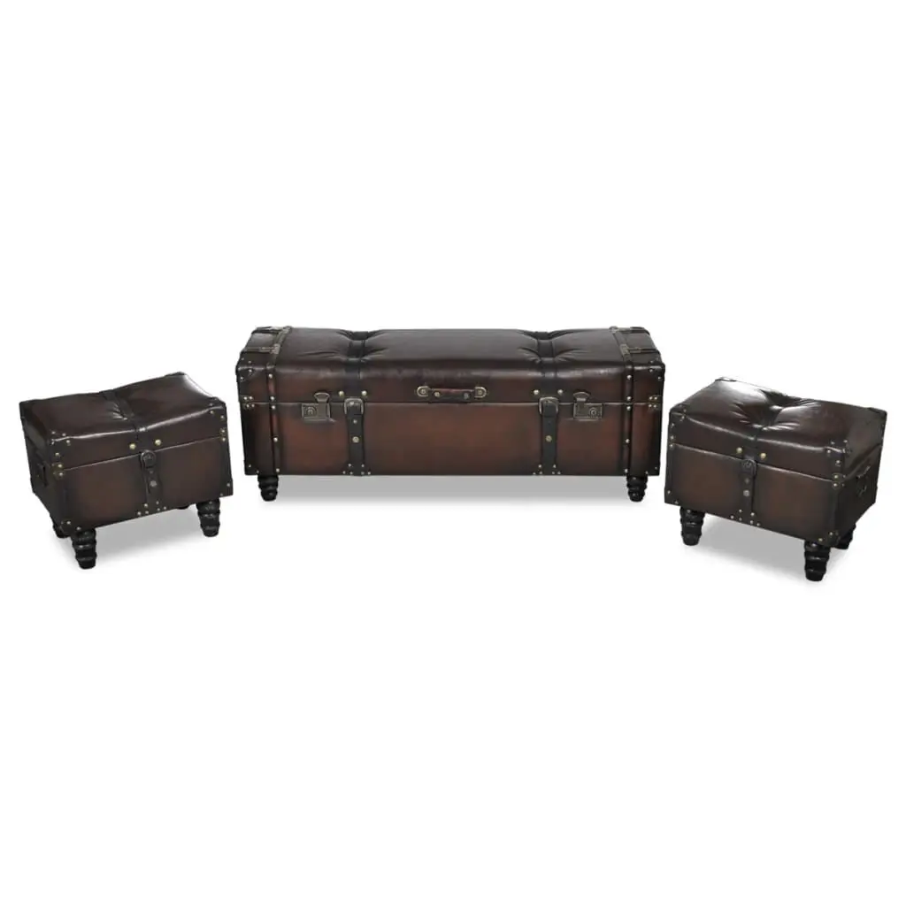 Storage Benches 3 Piece Set Dark Brown Solid Wood Pine & Faux Leather