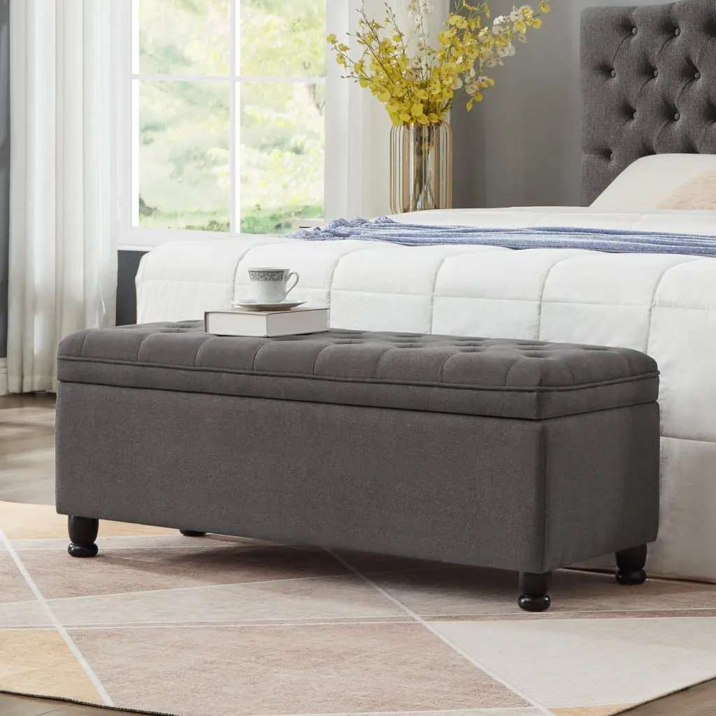Upholstered Tufted Button Storage Bench Linen Material Entryway wm home furniture