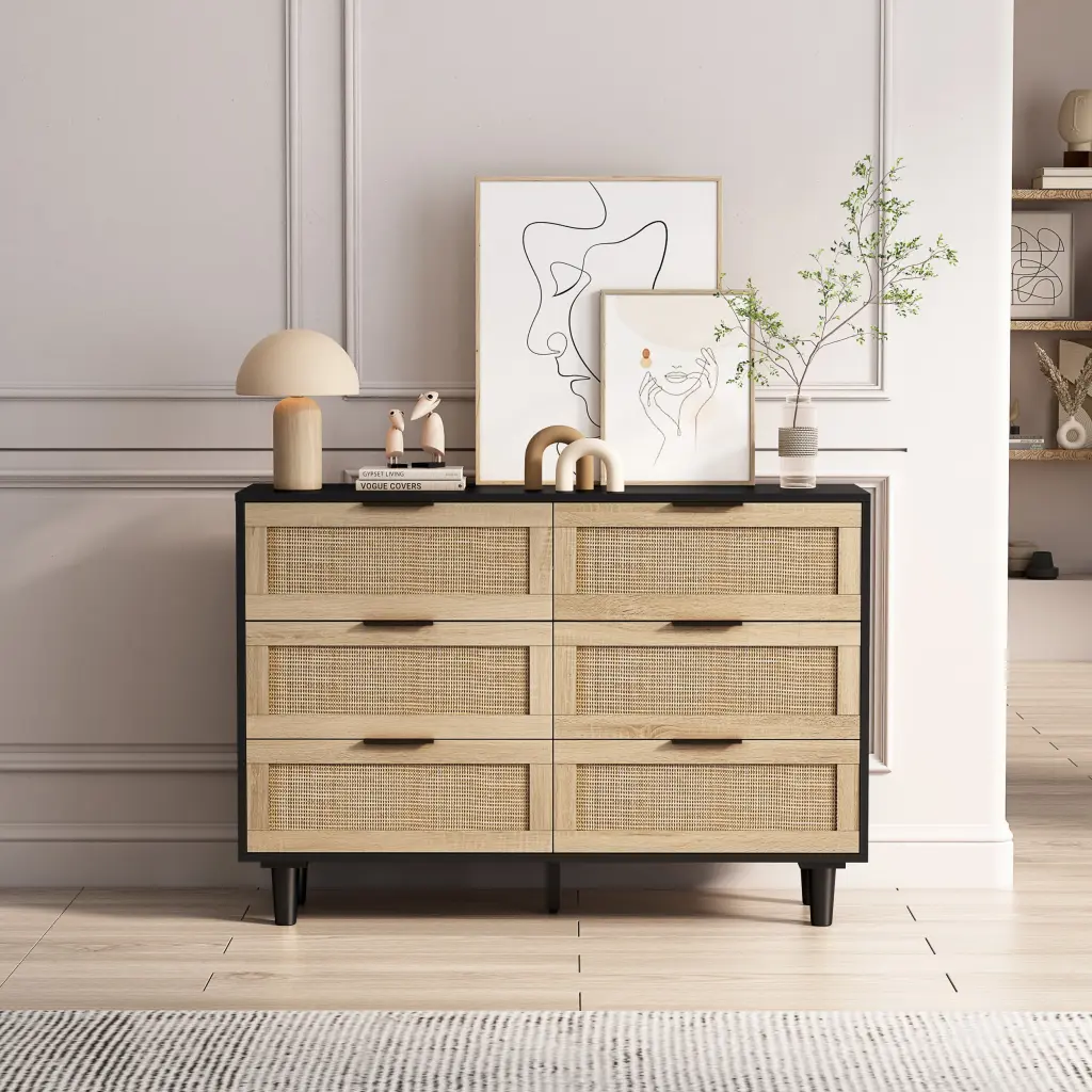 43.31 Inch 6 Drawers Rattan Storage Cabinet Bedroom Living Room Natural Finish spribung