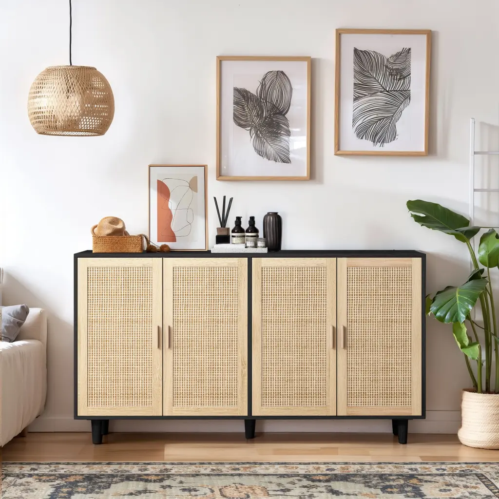 62.20 Inch Elegant 4 Door Rattan Decorative Storage Cabinet spribung