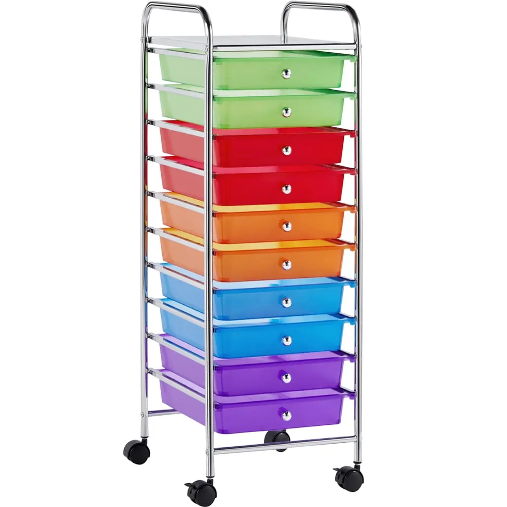 Easyfashion 10 Drawer Rolling Storage Cart Lockable Wheels Multicolor