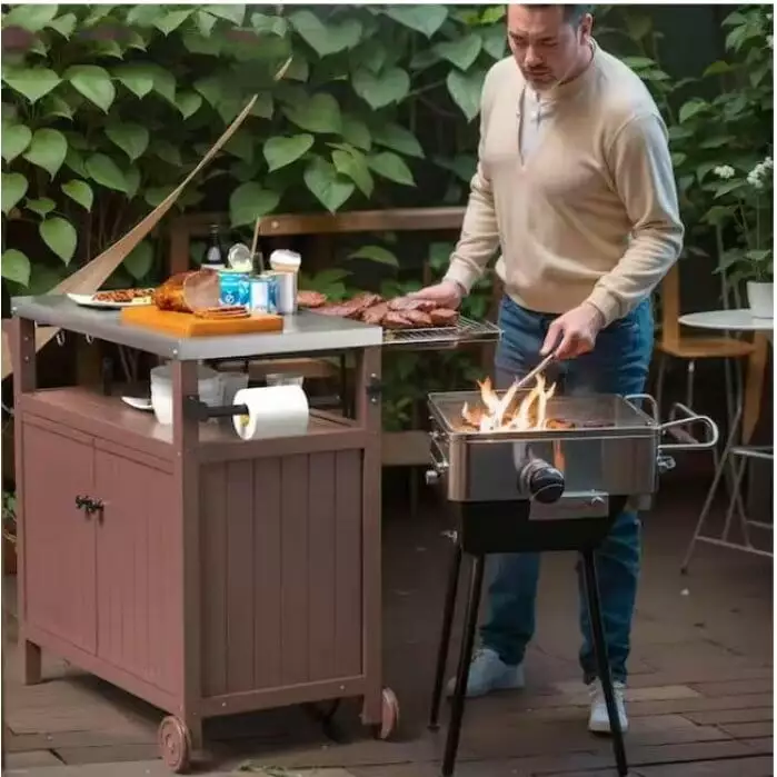 Outdoor Grill Cart on 2 Wheels Storage Cabinet and Side Shelf Stainless Steel Countertop Black