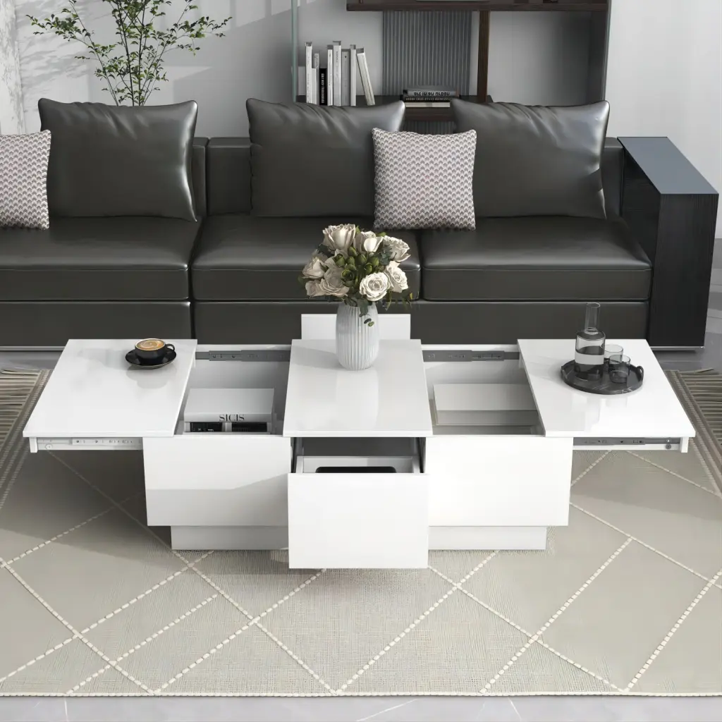 Homeika Multifunctional Coffee Table 2 Hidden Storage Compartments Extendable High-gloss White