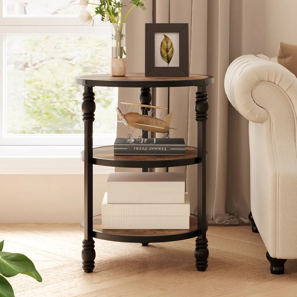 Yartaka End Table 3-Tier Round Side Table Living Room Accent Table Storage Shelf and Metal Industrial Wood Bed Side Table