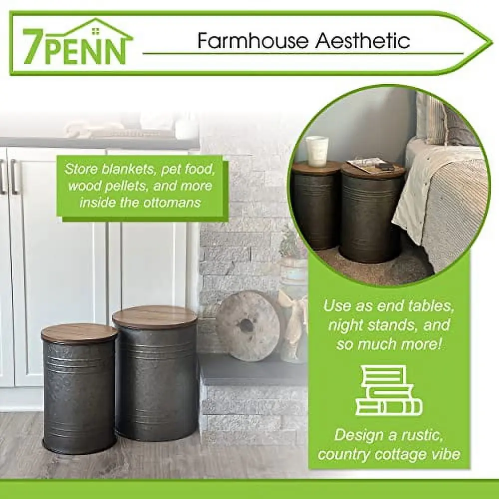 7Penn Farmhouse Side Table Storage Ottoman Set 2pk Galvanized Metal Barrel TeviRoom